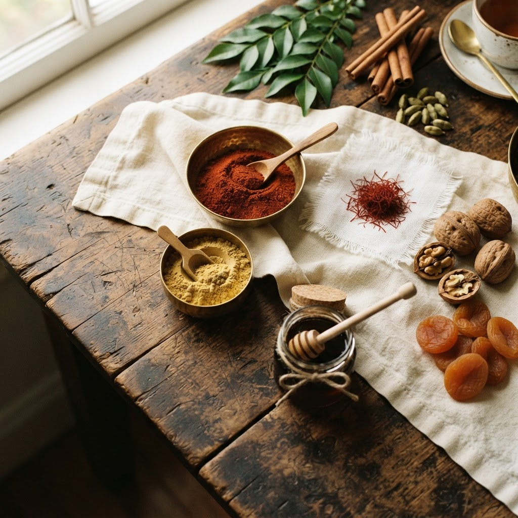Kashmiri red chilli powder, ginger powder, saffron threads, walnuts, apricots and raw honey arranged on a rustic wooden table
