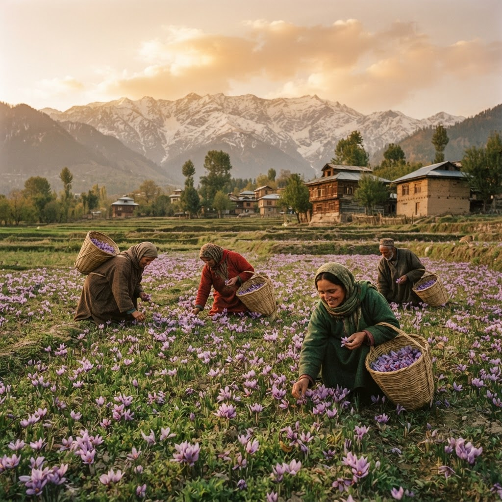 Farmers handpicking saffron flowers in a Kashmiri field with snow-capped mountains behind
